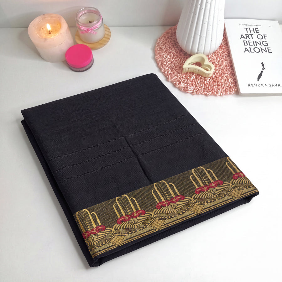 Mehfil-e-Siyah black cotton dupatta with golden arch and floral border