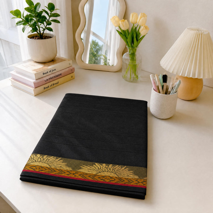 Zar-e-Siyah black pure cotton dupatta with golden floral woven border